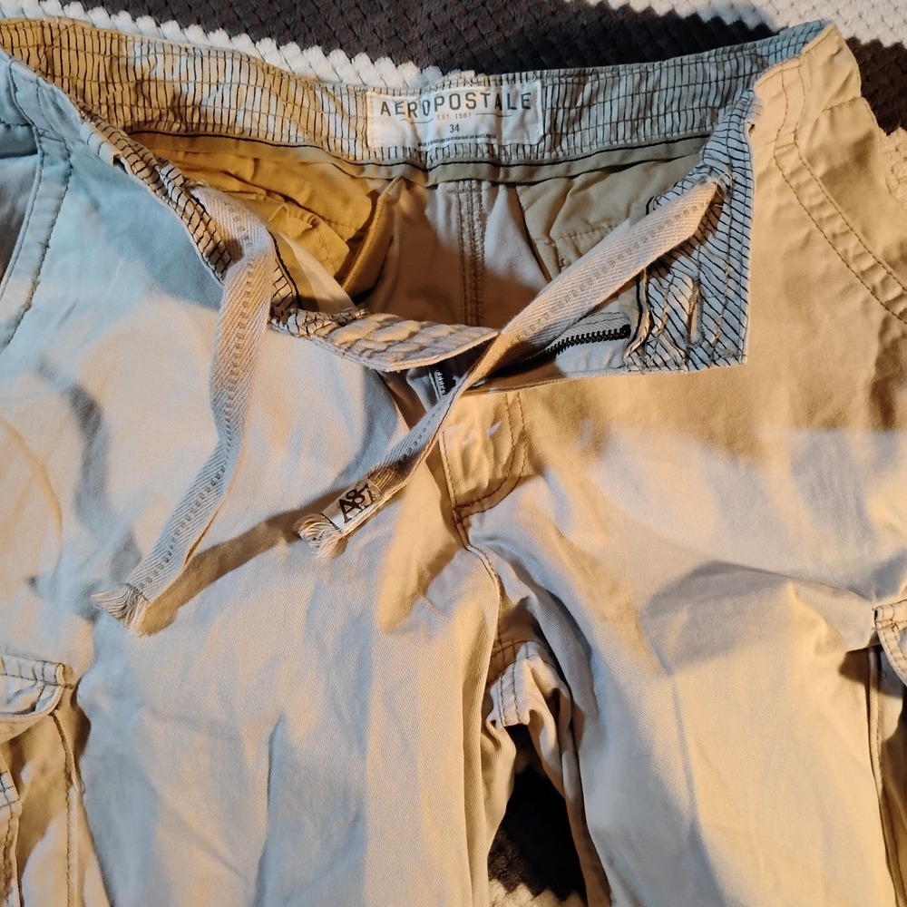 Aeropostale Cargo Shorts Men 34 Beige Vintage Khaki Y2K Skater Drawstring